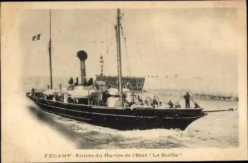 Ak Fécamp Seine Maritime, Dampfschiff Le Buffle, Hafenansicht, Wellen, Flagge, Aussicht
