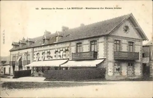 CPA La Bouille Seine Maritime, Moulineaux, Maison brulée