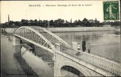 Ak Roanne Loire, Neuer Damm und Quai der Loire, Brücke, Fluss, Personen