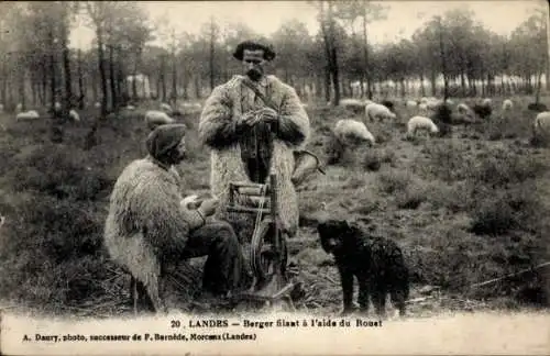 Ak Dax Landes, Berger mit Spinnrad, Schafe, Wald, Hund, historische Fotografie