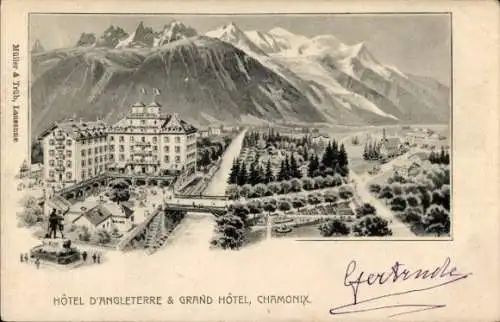 Ak Chamonix Mont Blanc Haute Savoie, Hôtel d'Angleterre, Grand Hotel,  Berglandschaft, Statue