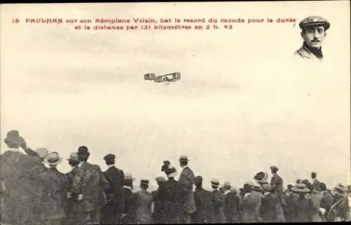 Ak Paulhan bricht mit seinem Aéroplane Voisin den Weltrekord, Pilot, Flugpionier