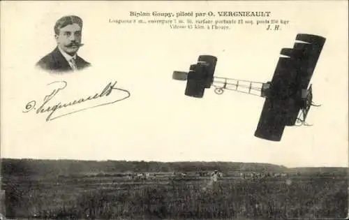 CPA Biplan Goupy, piloté par O. Vergnieault