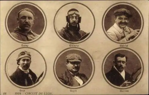 CPA Circuit de Lyon 1914, piloté Gabriel, Duray, Elecamp, Goux, Guyot, Guiness