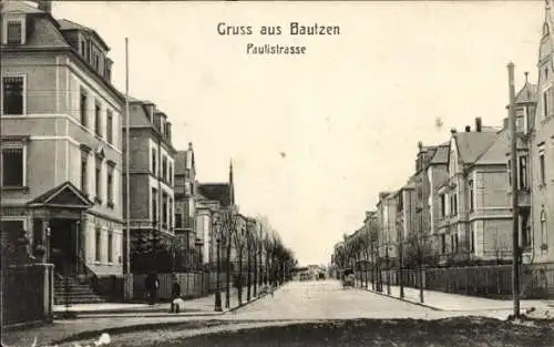 Ak Bautzen in der Oberlausitz, Historische Ansicht, Paulistrasse, Häuser, Straßenbäume