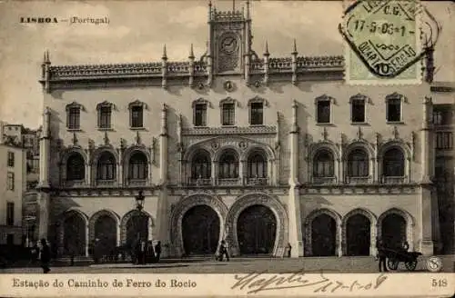 Ak Lisboa Lissabon Portugal, Estação do Caminho de Ferro do Rocio, s Gebäude, Uhrturm, Architektu