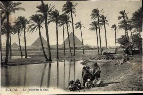 Ak Gizeh Ägypten, Pyramiden von  Palmen, Wasser, Menschen, Landschaft