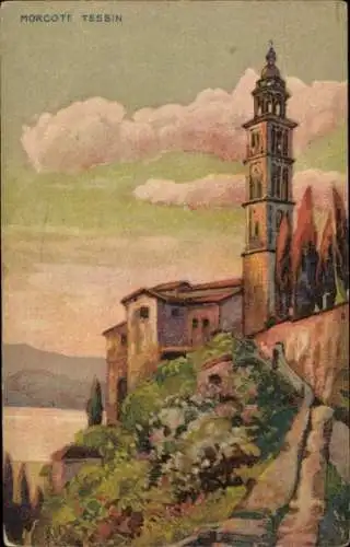Ak Morcote Kanton Tessin, Malerei eines Kirchturms, bergige Landschaft, schöne Wolken