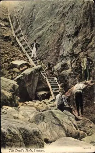 Ak Kanalinsel Jersey, The Devil's Hole,  Treppen, Felsen, Menschen