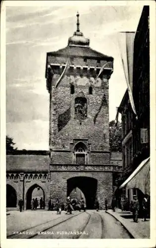 Ak Kraków Krakau Polen, Brama Floriańska, r Turm, Schwarz-Weiß Foto