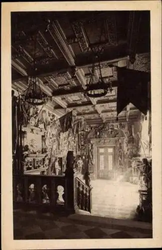 Ak Sinaia Rumänien, Historischer Raum, prachtvolle Wandgestaltung, Holzdecke, Gemälde
