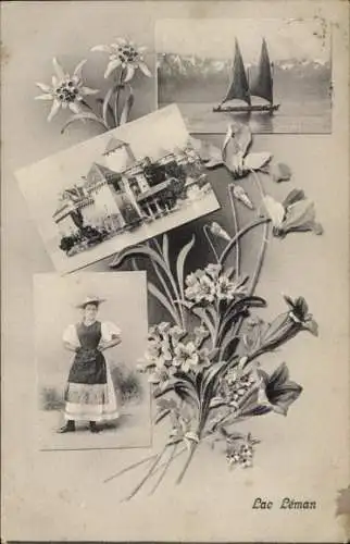 Ak Genf Kanton Schweiz, Lac Leman, Schloss, Frau in Tracht, Edelweiß, Blumenstrauss