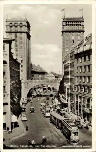 Ak Stockholm Schweden, Stadtansicht, Kungsgatan, Kungstornet, Straßenbahnen