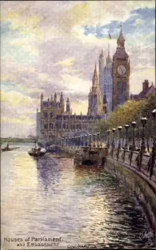 Ak City of Westminster London England, Houses of Parliament, Embankment, Thames, Big Ben