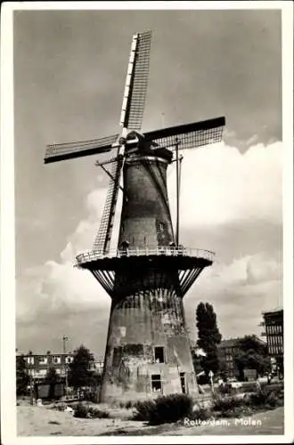 Ak Rotterdam Südholland Niederlande, Mühle,  Wolken, Grüne Bäume,  Architektur