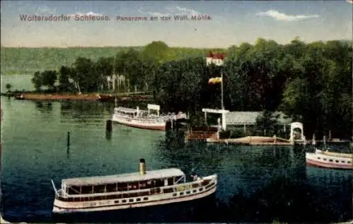 Ak Woltersdorf bei Berlin, Woltersdorfer Schleuse, Schiffe, Mühle