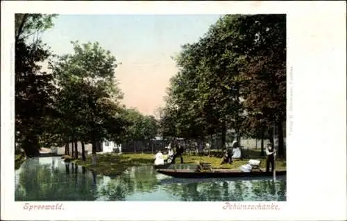 Litho Lübbenau im Spreewald, Gartenlokal Pohlenzschänke, Inh. F. Pohlenz, Spreewälderinnen, Kahn