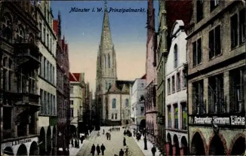 Ak Münster in Westfalen, Vorderansicht von  Prinzipalmarkt, gotische Kirche, bunten Häusern