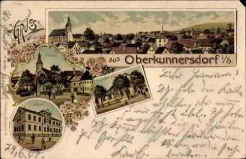 Litho Obercunnersdorf Kottmar in der Oberlausitz, Totale, Schule, Kirche
