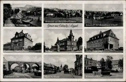 Ak Oelsnitz im Erzgebirge, Teilansichten vom Deutschlandschacht, Eisenbahnbrücke, Rathaus