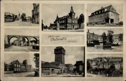 Ak Oelsnitz im Erzgebirge, Eisenbahnbrücke, Stadtansichten