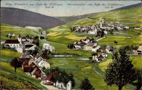 Ak Oberwiesenthal im Erzgebirge, Landschaft mit Hügeln, Häusern, Berglandschaft, Wiesen
