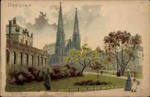 Ak Dresden Altstadt,  König Zwinger, Sophienkirche, schöne Parklandschaft