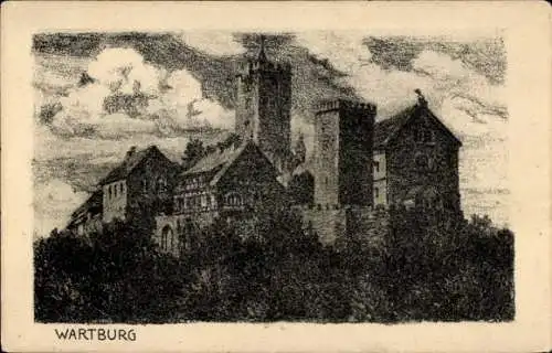 Ak Lutherstadt Eisenach in Thüringen, Wartburg, Burg, mittelalterlicher Baustil, Wolken, Bäume, S