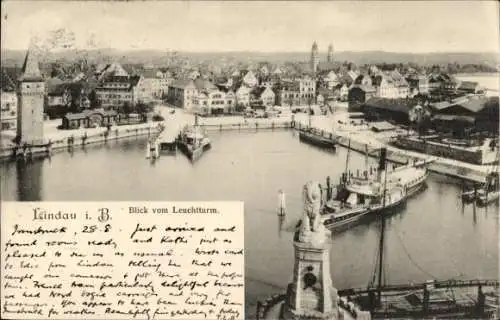Ak Lindau am Bodensee Schwaben, Blick vom Leuchtturm, Hafenansicht, Stadtansicht, Boote
