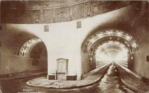 Ak Hamburg Mitte Altstadt, Elbtunnel, Blick auf Tunnel mit beleuchtetem Weg,  Architektur