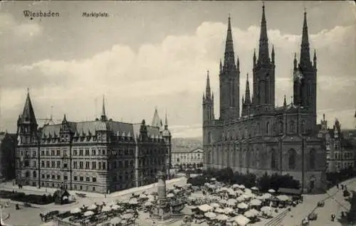 Ak Wiesbaden in Hessen, Marktplatz, Kirche,  Gebäude, Marktbeschicker, Stände