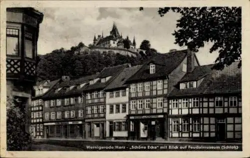 Ak Wernigerode im Harz,  Fachwerkhäuser, Blick auf Feudalmuseum, Harz