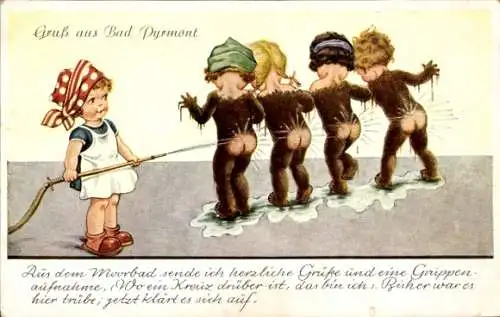 Ak Bad Pyrmont in Niedersachsen,  mit nackten Kindern, die im Moor spielen, farbenfrohe Zeichnung