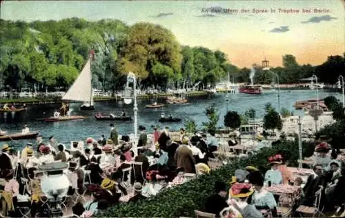 Ak Berlin Treptow, Bootsfahrten, Parkszene, Menschen auf Terrassen, Spree, Treptow