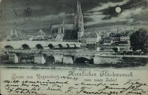 Ak Regensburg an der Donau Oberpfalz, Stadtansicht, Brücke, Kathedrale, älterer Stil, Neujahrswun