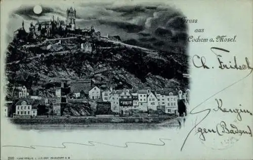 Ak Cochem an der Mosel, Schloss  Mosel, Stadtansicht, Vollmond, Gebäude am Fluss