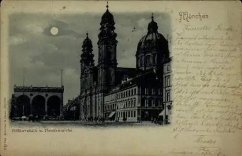 Mondschein Ak München, Feldherrnhalle, Theatinerkirche