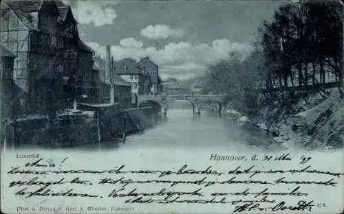Mondschein Ak Hannover in Niedersachsen, Leineblick, Brücke