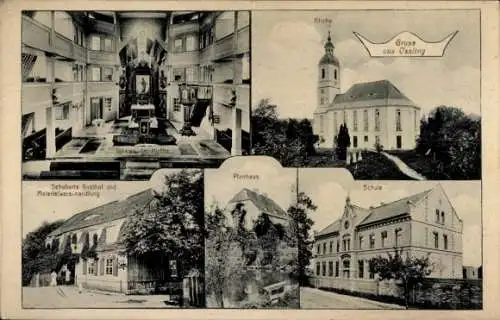 Ak Oßling Ossling in der Oberlausitz, Schuberts Gasthof, Kirche, Planhaus, Schule, Materialwarhan