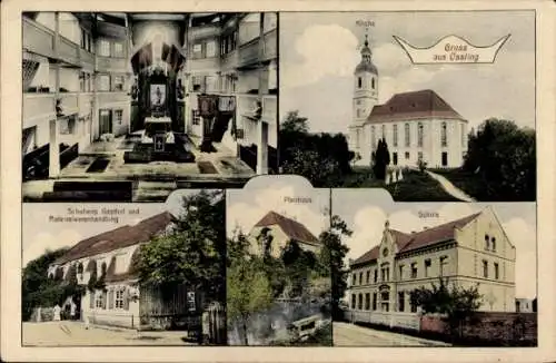 Ak Oßling Ossling in der Oberlausitz, Kirche, Schule, Schuberts Gasthof, Planhaus, Gruss aus Ossl