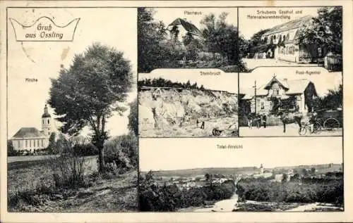 Ak Oßling Ossling in der Oberlausitz, Kirche, Pfarrhaus, Schuberts Gasthof, Steinbruch, Post-Agentur