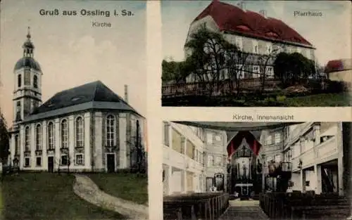 Ak Oßling Ossling in der Oberlausitz, Gruß aus Ossling i. Sa., Kirche, Pfarrhaus, Innenansicht