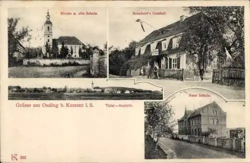 Ak Oßling Ossling in Sachsen, Neue und alte Schule, Kirche, Schubert's Gasthof