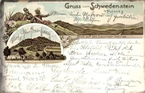 Litho Pulsnitz, Gruß vom Schwedenstein, Lausitzer Gebirge, Turm, Wald
