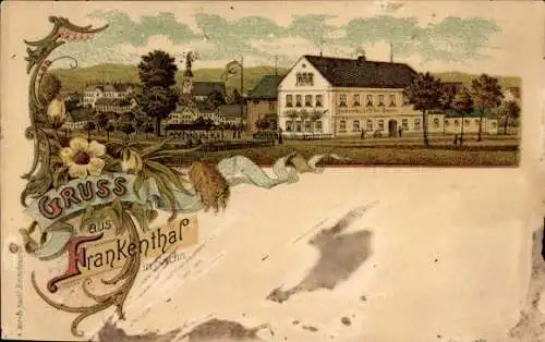 Litho Frankenthal in der Lausitz Sachsen, Gasthof, Blumenornament