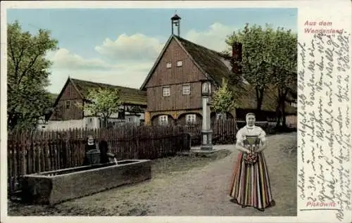 Ak Piskowitz Nebelschütz Oberlausitz, Wendische Tracht, Wendenland, Frau mit Blumenstrauß