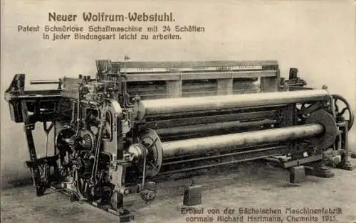 Ak Neuer Wolfrum-Webstuhl, Patent Schnurlose Schaftmaschine, Maschinenfabrik Richard Hartmann