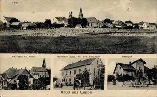 Ak Luppa Radibor in Sachsen, Gesamtansicht, Pfarrhaus, Kirche, Gasthaus Schumann, Rittergut
