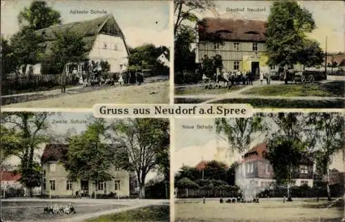 Ak Neudorf an der Spree Malschwitz Oberlausitz, Gasthof, älteste Schule, zweite Schule, neue Schule