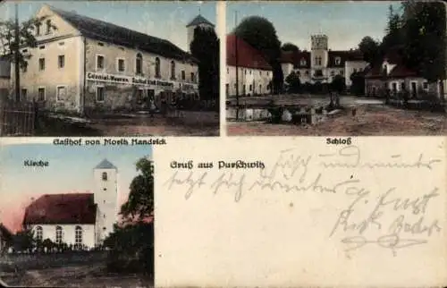 Ak Puschwitz in der Oberlausitz, Gasthof von Monit Handpick, Schloss, Kirche, Gruß aus Puschwitz